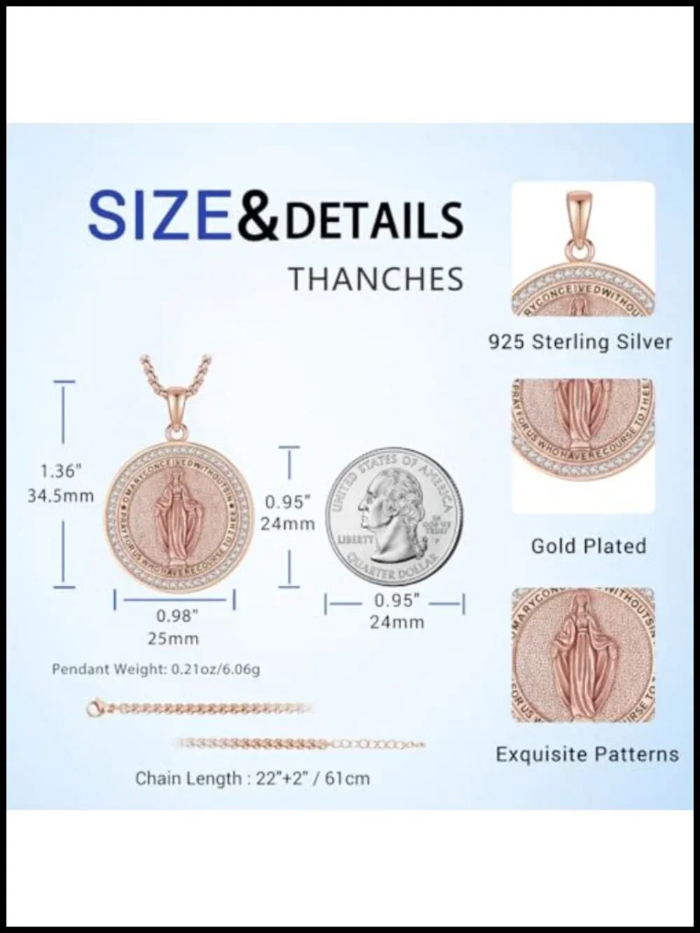Sterling Silver Virgin Mary Medal Necklace 18K Gold Plated Catholic Pendant
